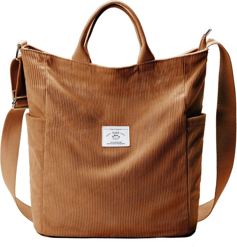 KALIDI Corduroy Tote Bag, Large Messenger Bag Shoulder Hobo Anti Splash Crossbody Zipper Bag Casual Work Shopping Women - Image 1